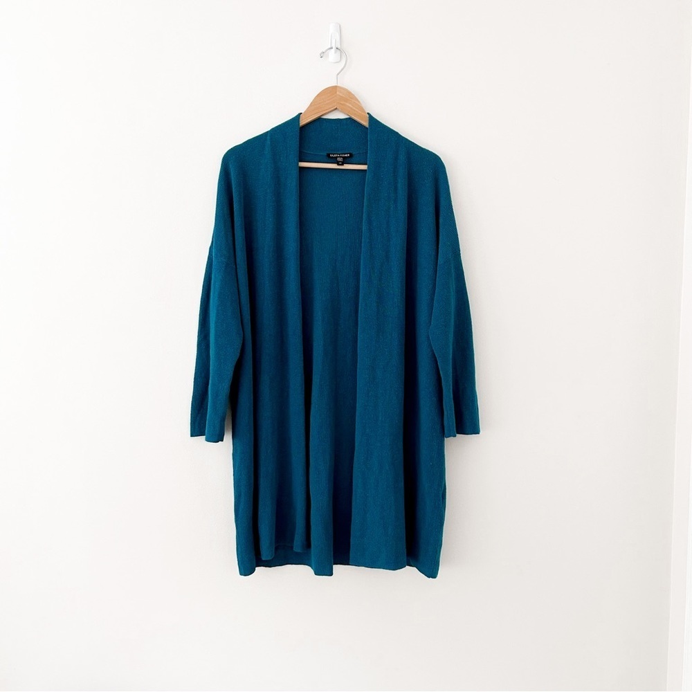Eileen Fisher linen blue short sleeve sweater cardigan